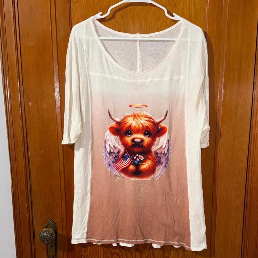 We The Free Cream and Brown Angelic Cow Graphic Tee